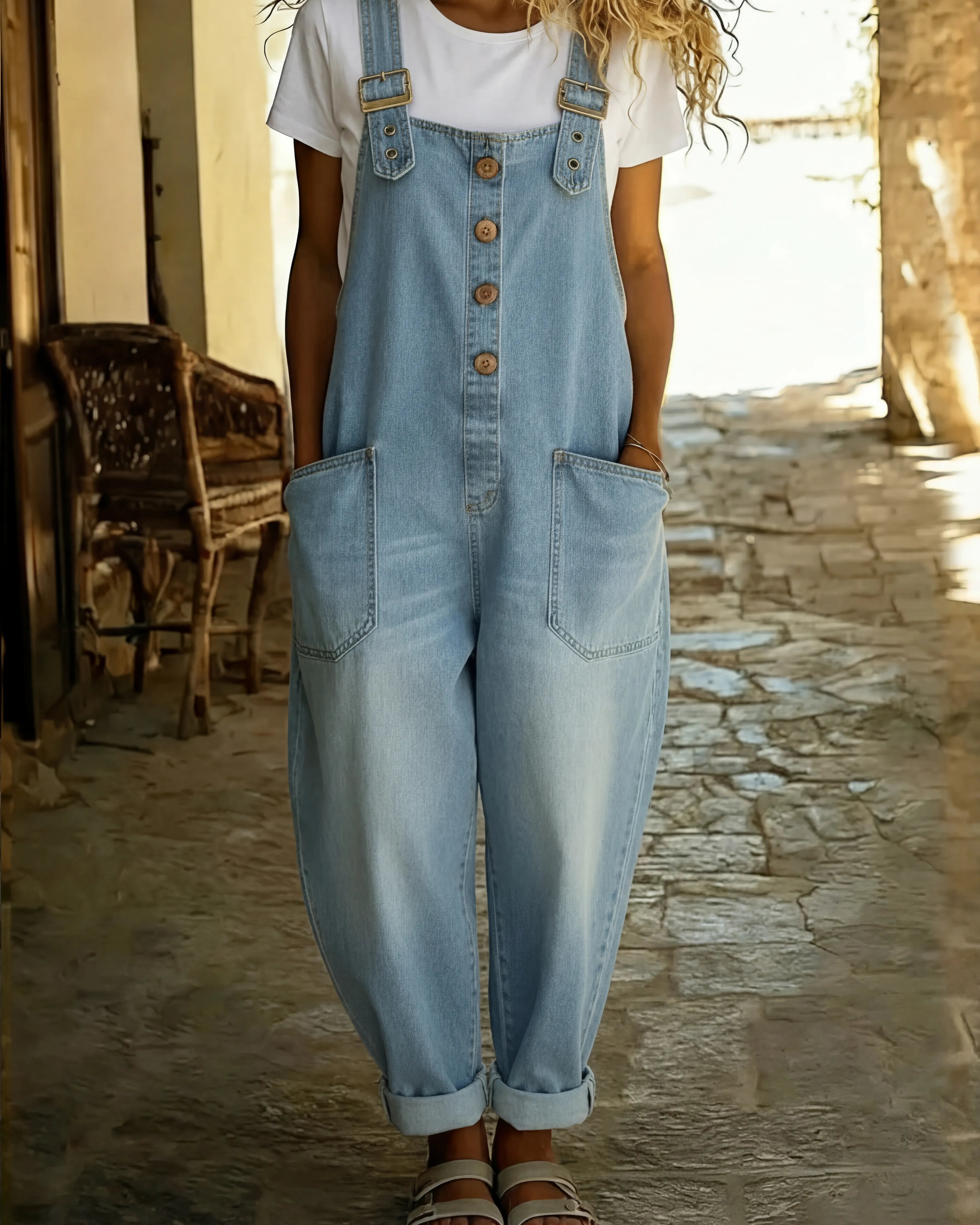 Rocio™ - Casual denim jumpsuit with adjustable buckle.