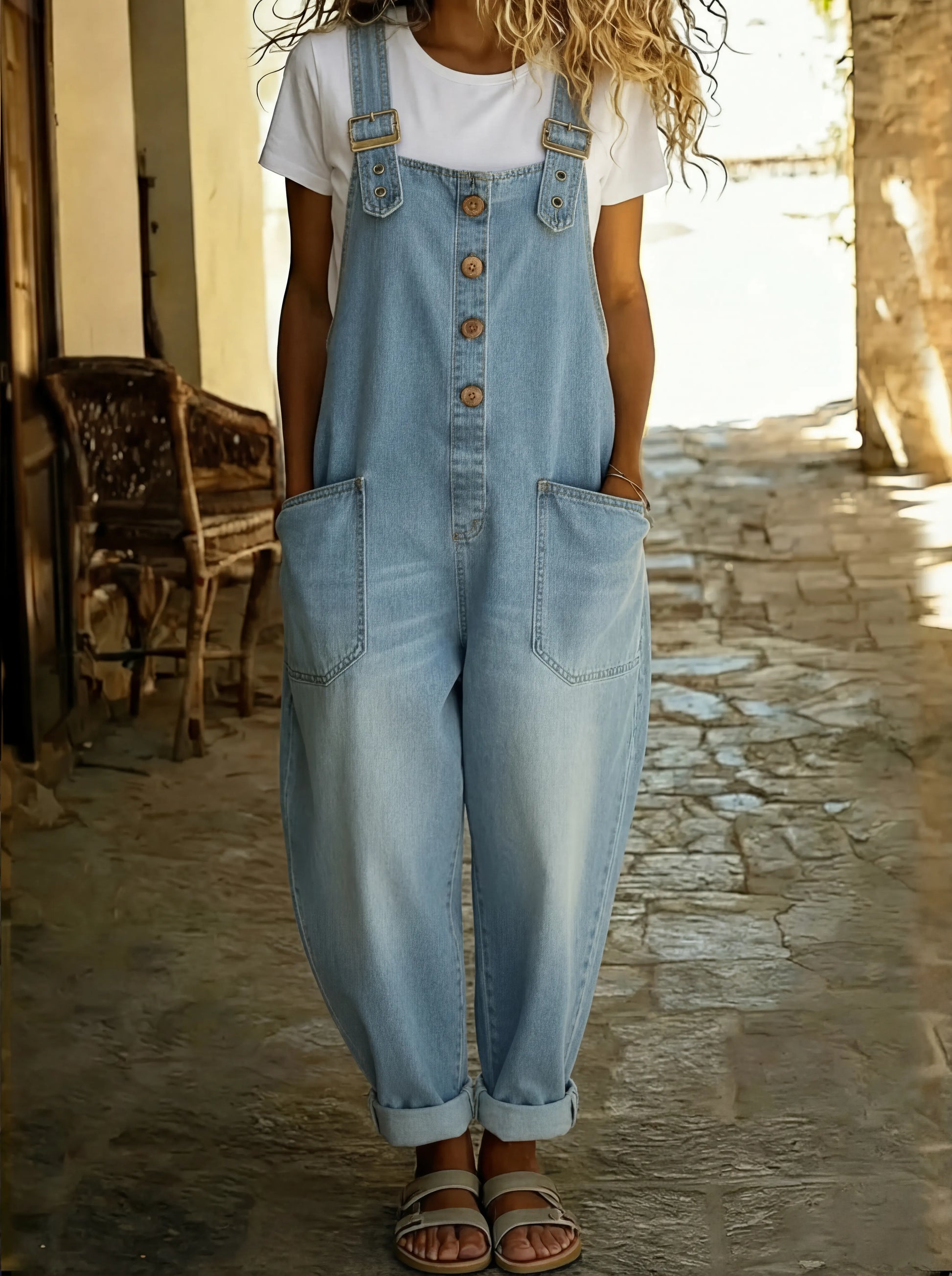 Rocio™ - Casual denim jumpsuit with adjustable buckle.