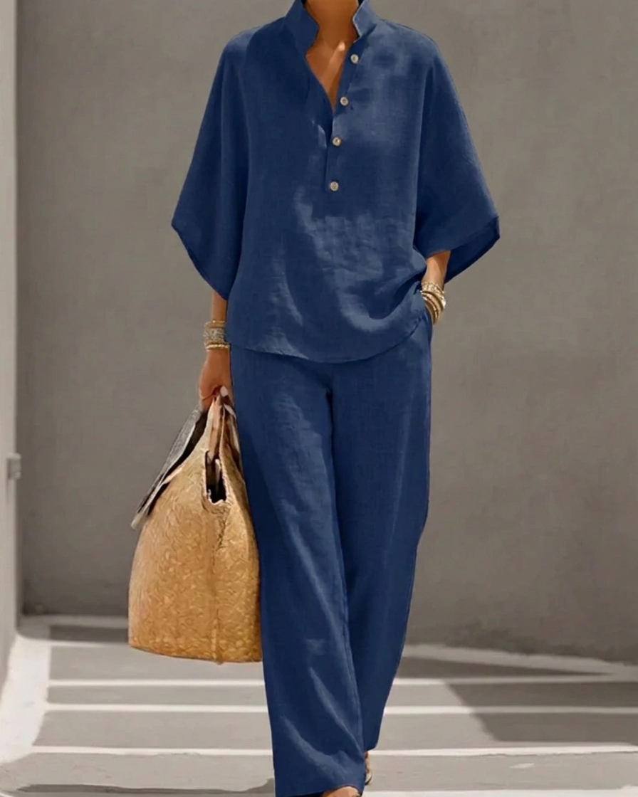 Maribel™ | Linen set with batwing sleeves and wide pants