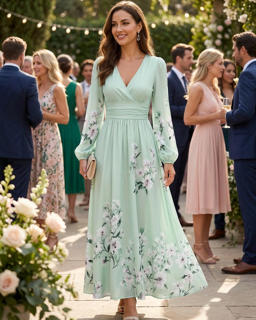 Emma™ | Mint Green Floral Pleated Maxi Dress