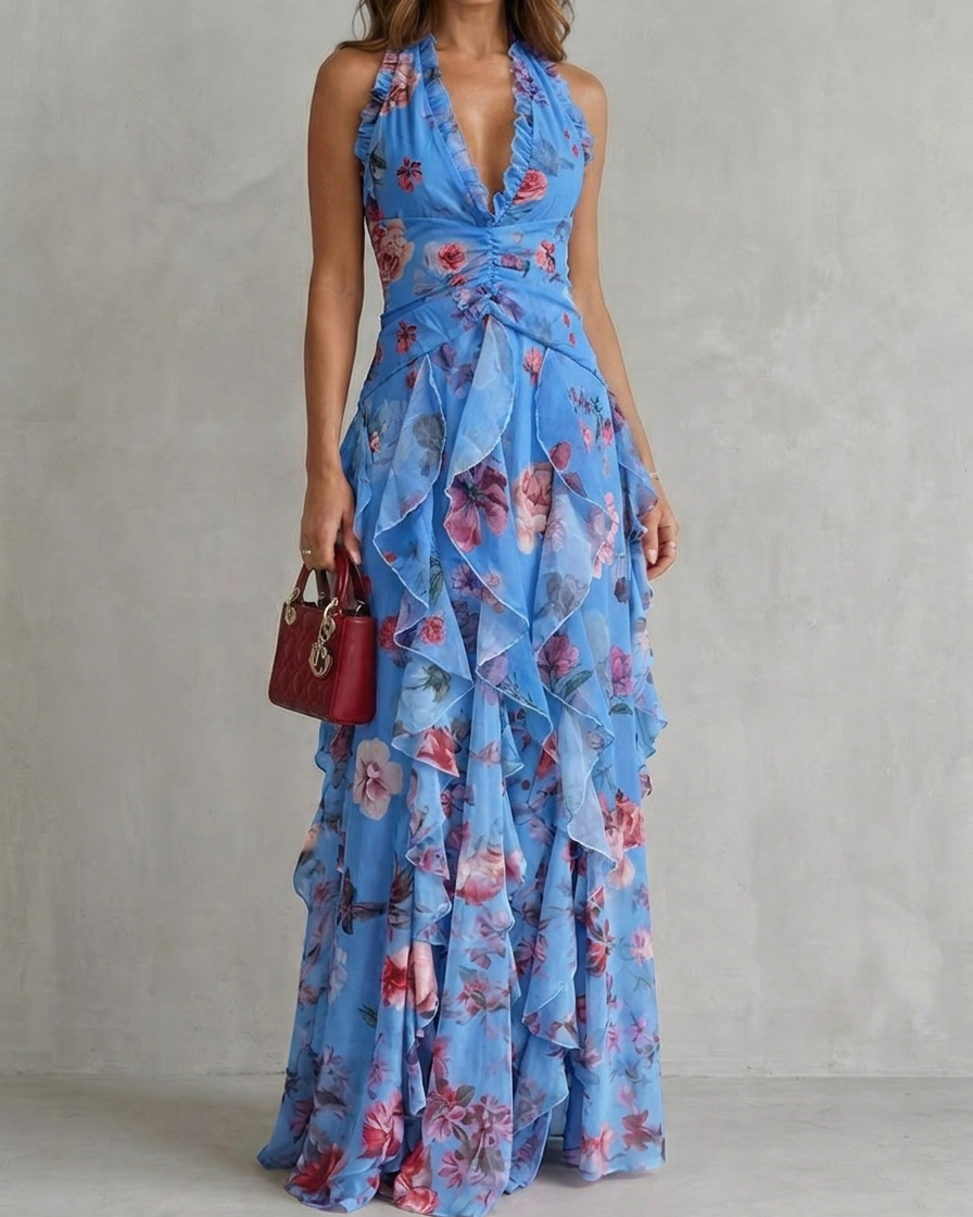 Belladina Enchanting Rose Cascade Halter Maxi Dress