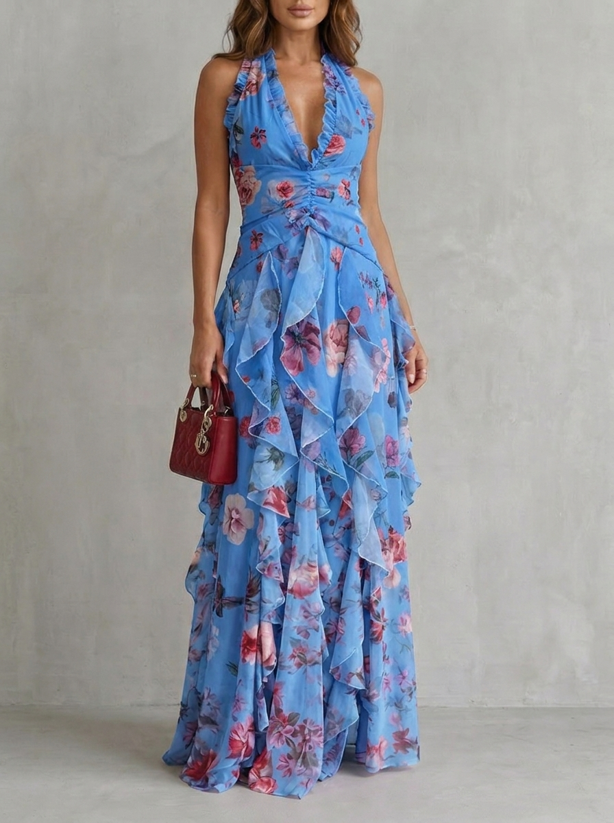 Belladina Enchanting Rose Cascade Halter Maxi Dress