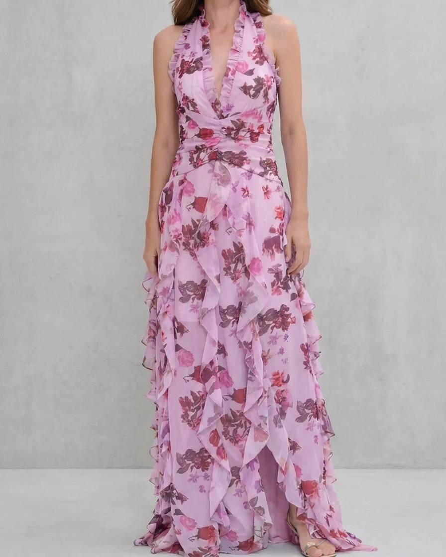 Belladina Enchanting Rose Cascade Halter Maxi Dress