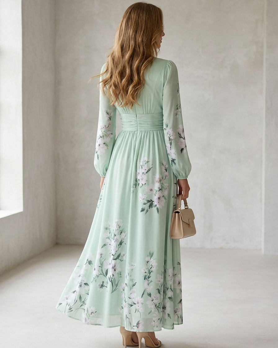 Emma™ | Mint Green Floral Pleated Maxi Dress