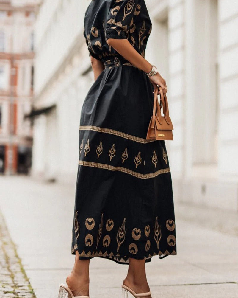 Kaitlyn  | Women's Boho Printed Belted Long Sleeve Midi Dress