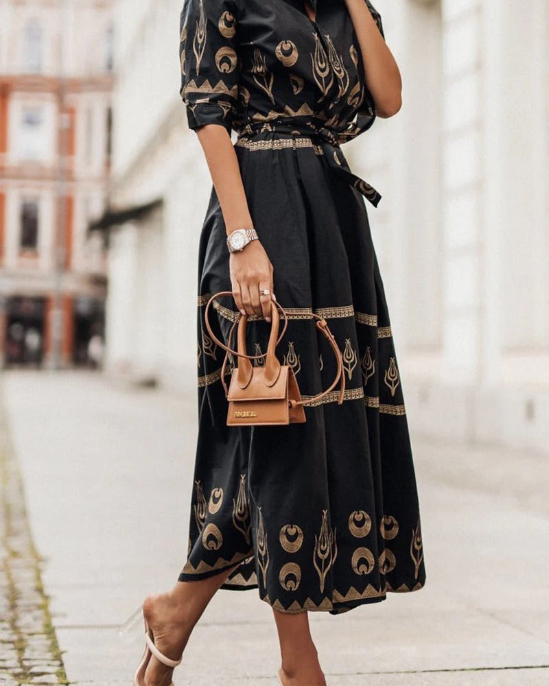 Kaitlyn  | Women's Boho Printed Belted Long Sleeve Midi Dress