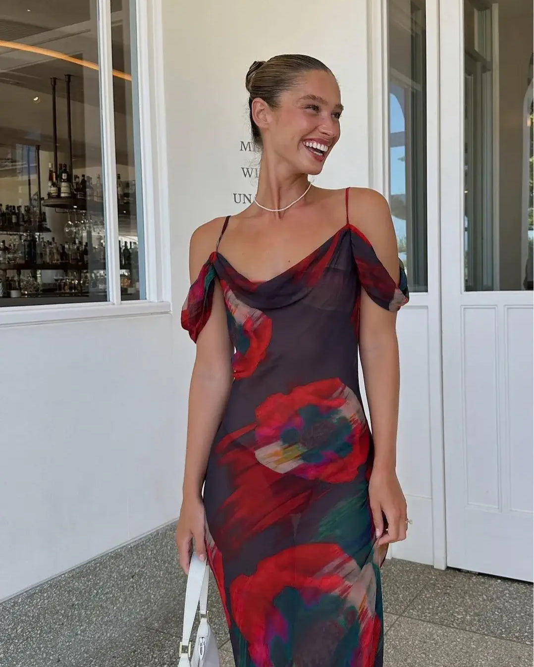 Women's Maxi Dress with Straps, Neckline, and Slit