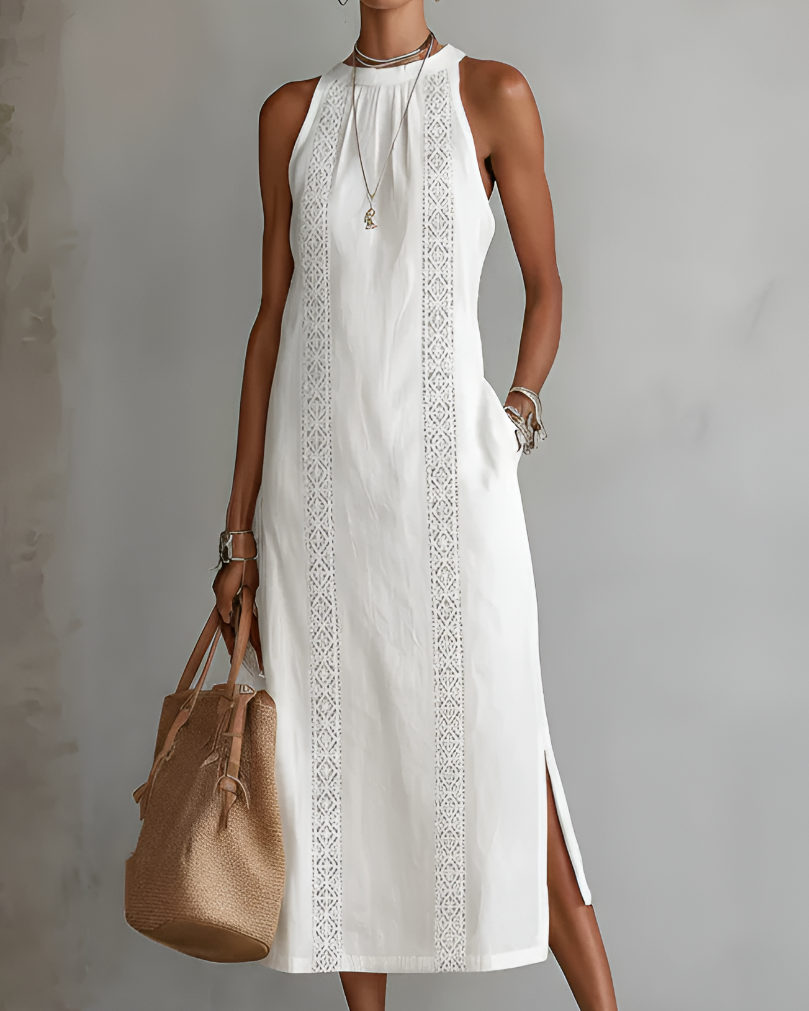 Jimena™ | Embroidered Mandarin Collar Midi Dress