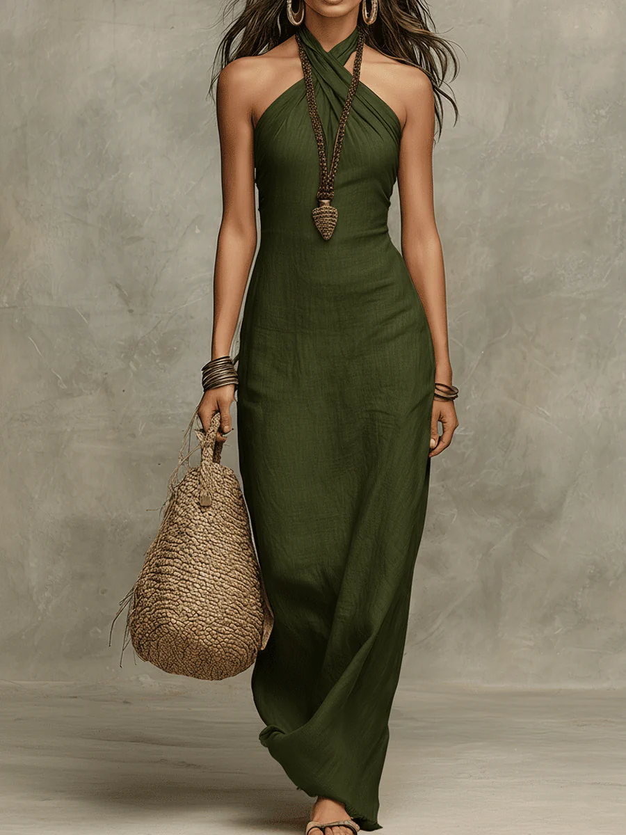 Elegant linen maxi dress for women with halter neck