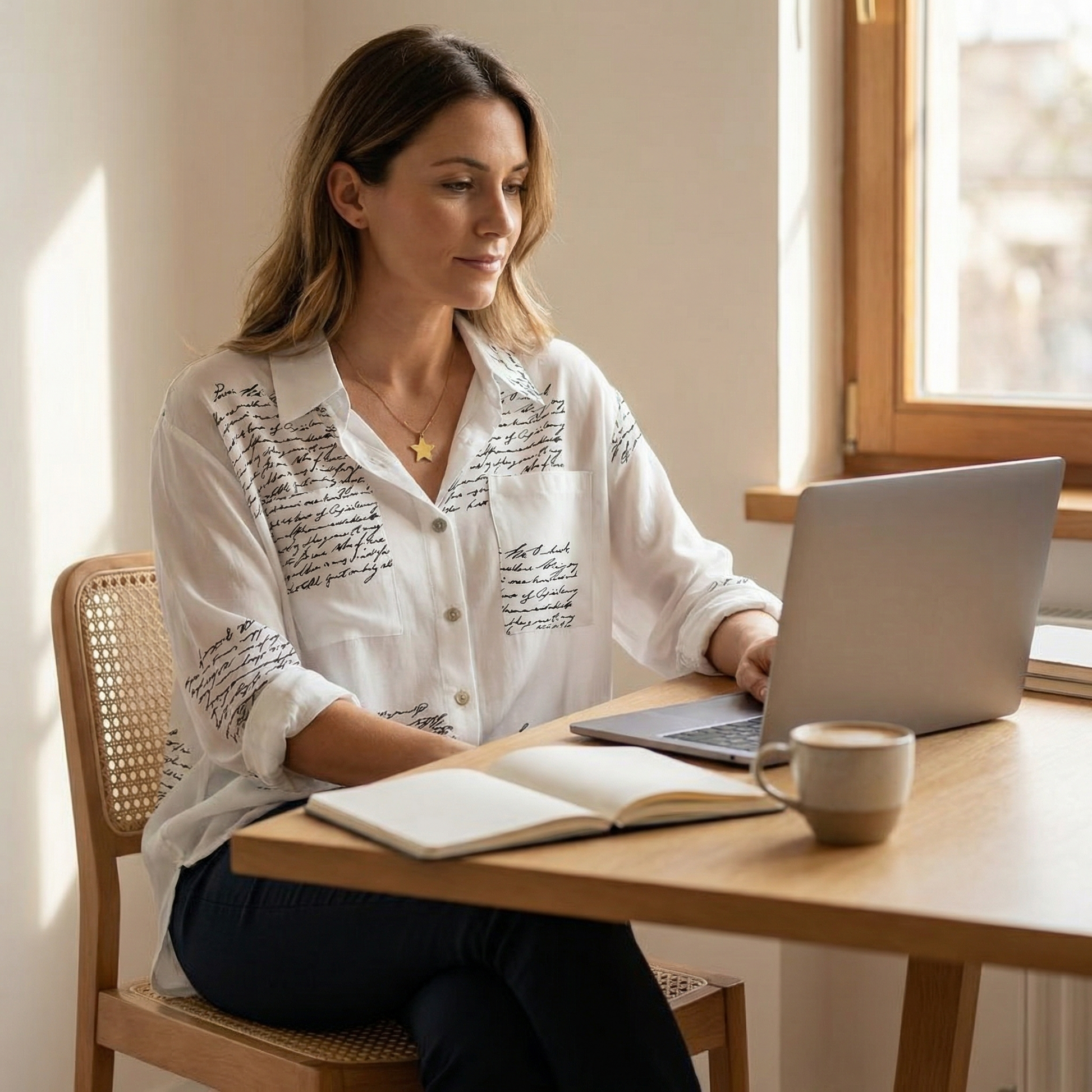 Women's shirt with pockets and handwritten print, button-up