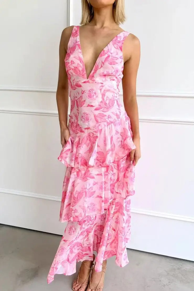 Women's maxi dress with a V-neck and ruffles