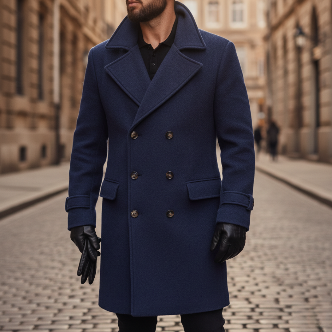 Men's Coat | Elegant Double-Breasted Long with Lapels