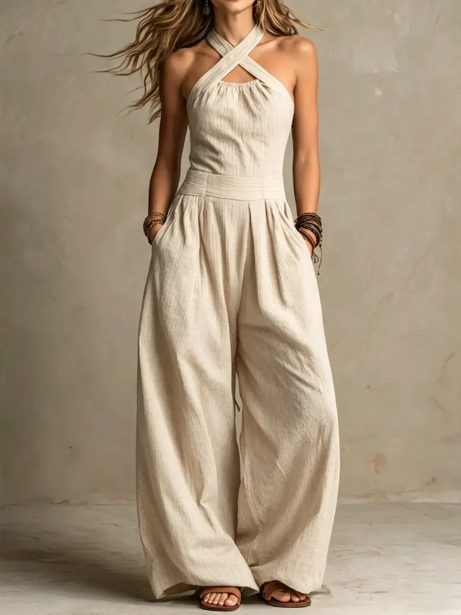 Bianca | Linen and Cotton Overalls with Elegant Crossed Neckline