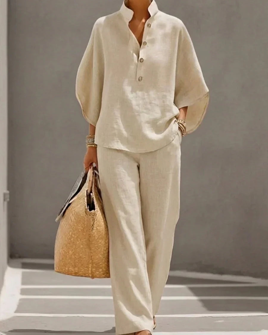 Maribel™ | Linen set with batwing sleeves and wide pants