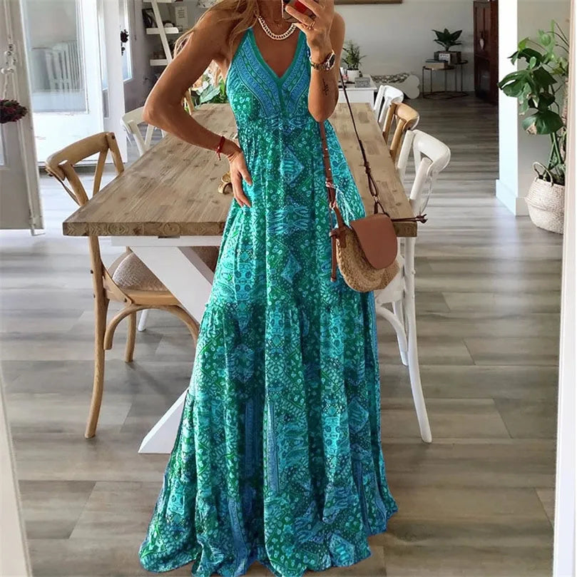 Sydney | Women's V Neck Boho Flowy Draped Maxi Dress