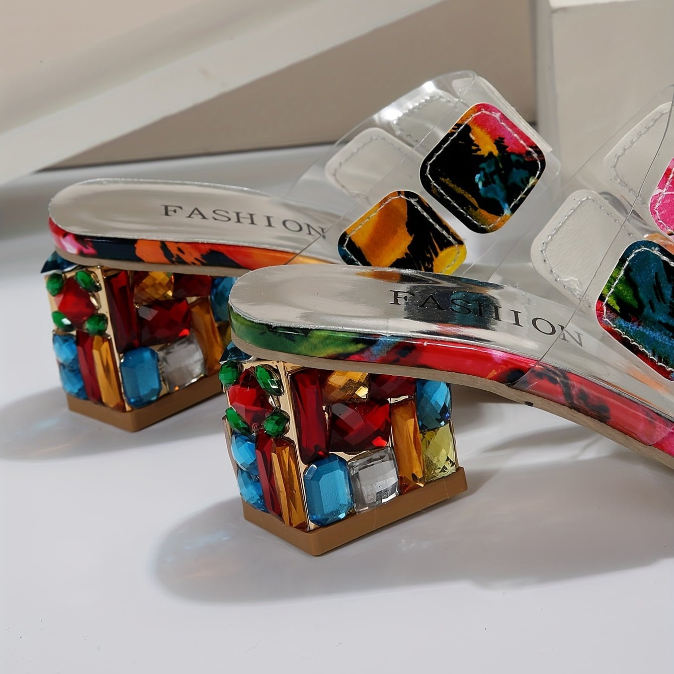 Olivia | Slide Sandals Multi-Strap Gemstone Block Heel Open Toe