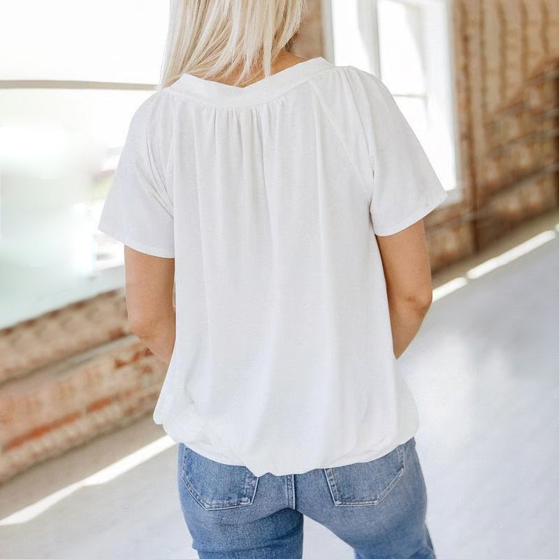 Livya | Stylish Top with Pleated V-Neck and Short Sleeves
