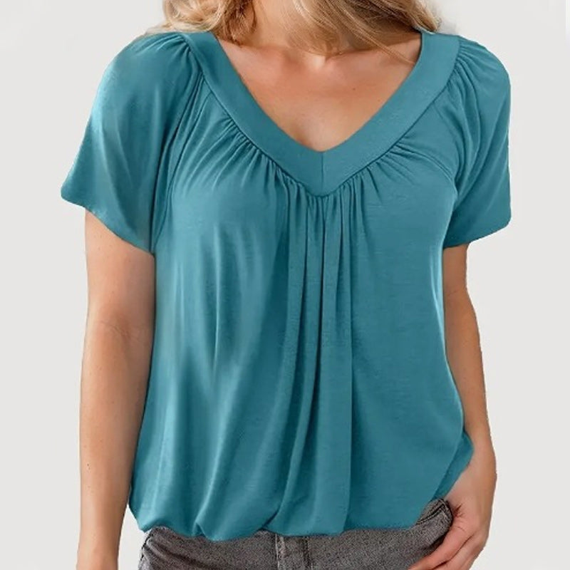 Livya | Stylish Top with Pleated V-Neck and Short Sleeves