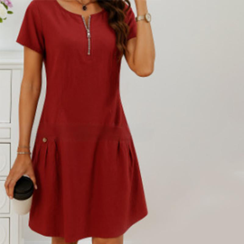 Women's Dress with Half Zipper and Button Pockets