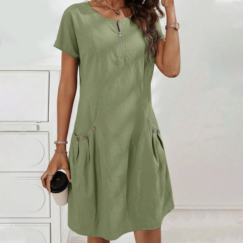 Women's Dress with Half Zipper and Button Pockets