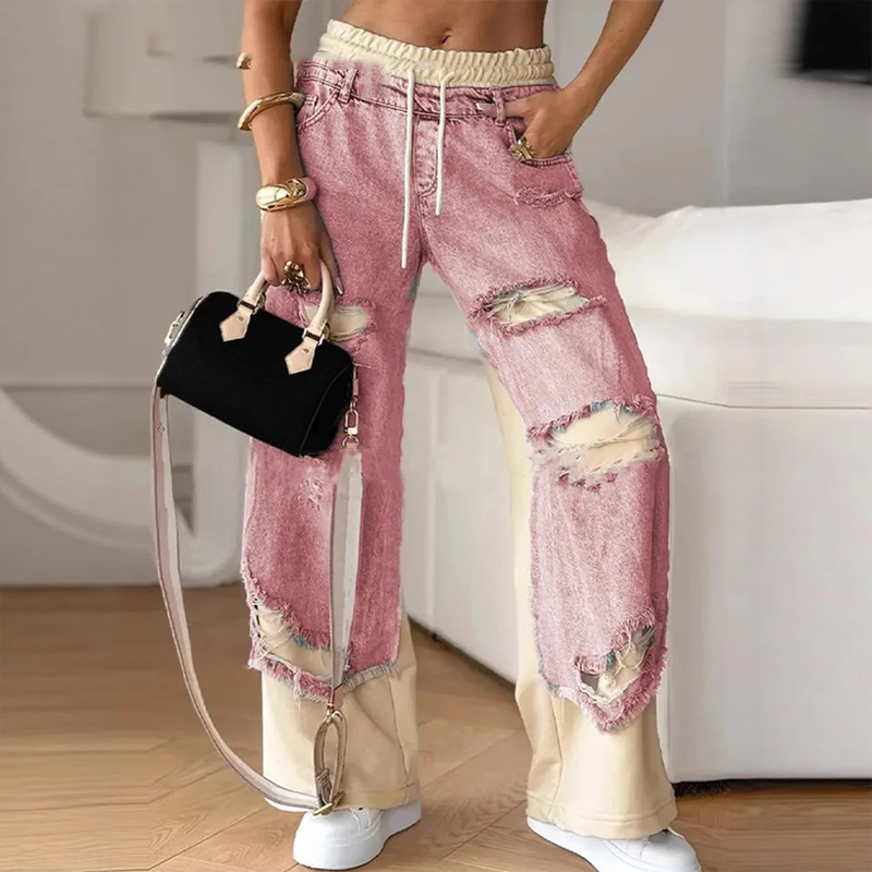 Patchwork Style Jeans with Elastic Drawstring