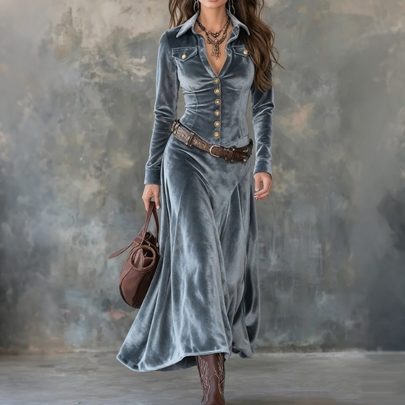 Taila | Velvet Maxi Dress with Long Sleeves