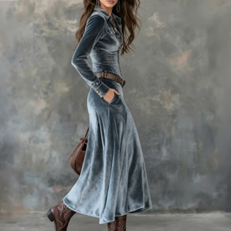 Taila | Velvet Maxi Dress with Long Sleeves