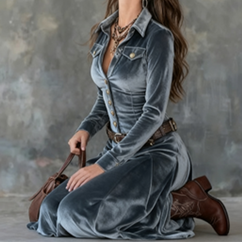 Taila | Velvet Maxi Dress with Long Sleeves