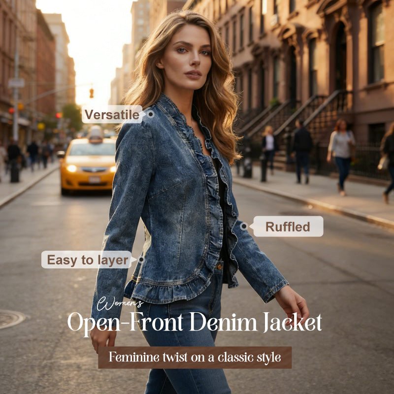 Women's Open Front Denim Jacket with Ruffle Trim