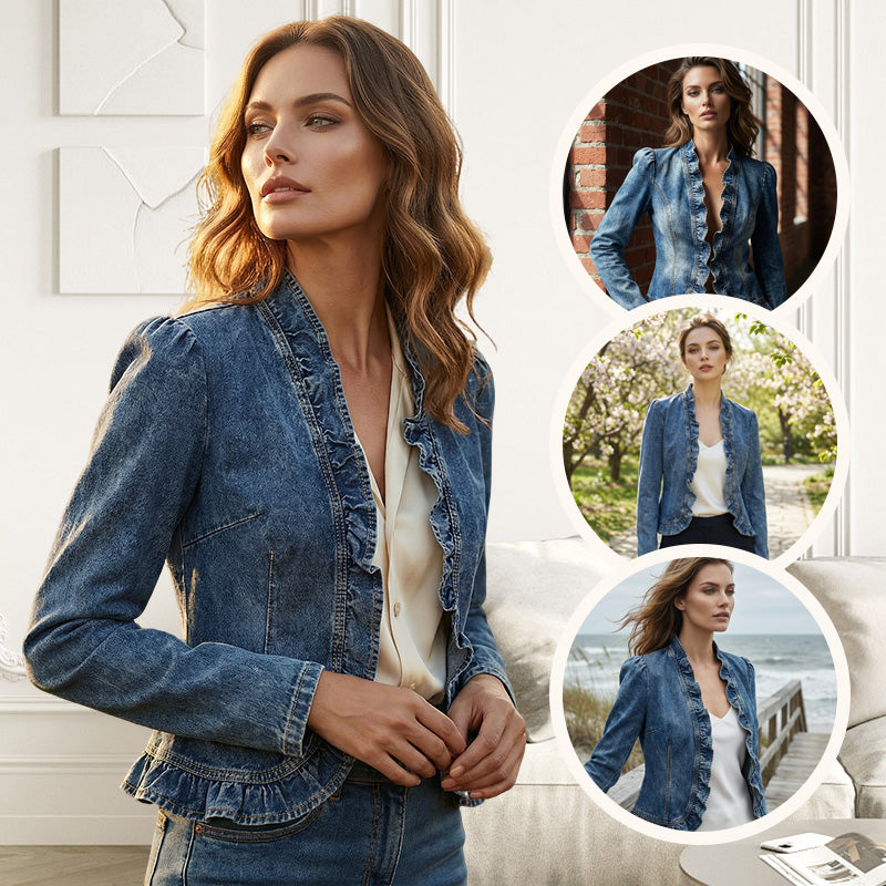 Women's Open Front Denim Jacket with Ruffle Trim