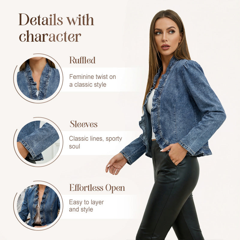Women's Open Front Denim Jacket with Ruffle Trim