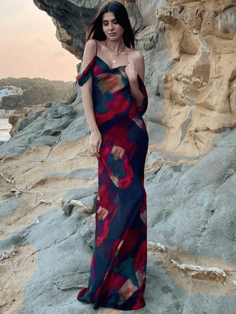 Women's Maxi Dress with Straps, Neckline, and Slit