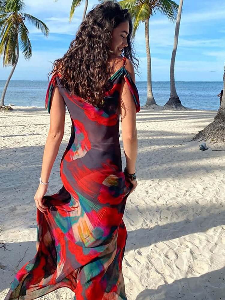 Women's Maxi Dress with Straps, Neckline, and Slit