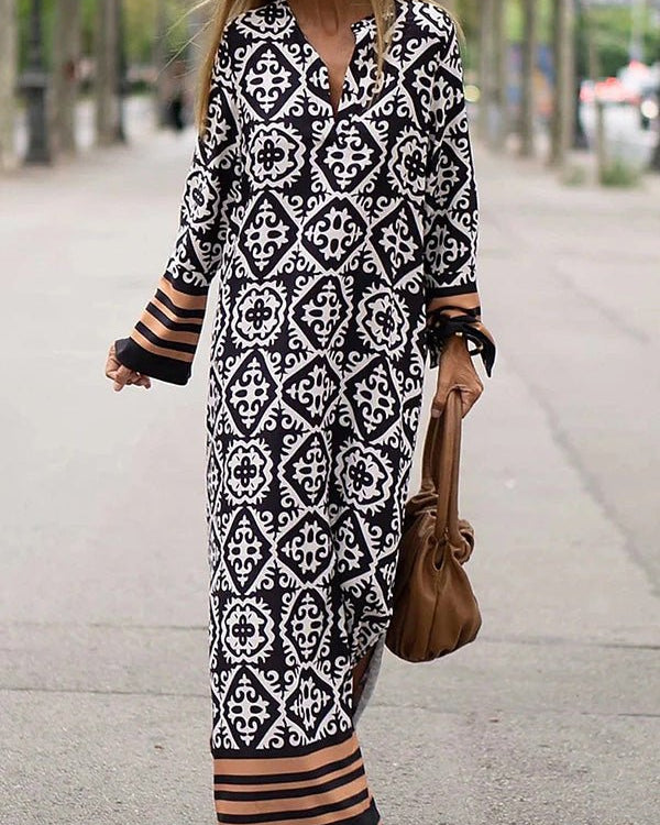 Geometric Print Long Sleeve Casual Maxi Dress