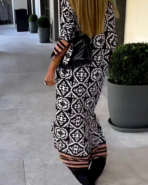 Geometric Print Long Sleeve Casual Maxi Dress