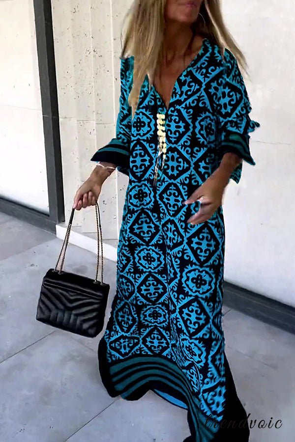 Geometric Print Long Sleeve Casual Maxi Dress
