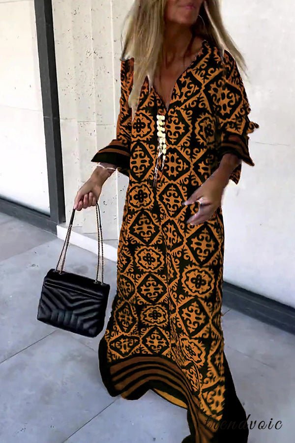 Geometric Print Long Sleeve Casual Maxi Dress