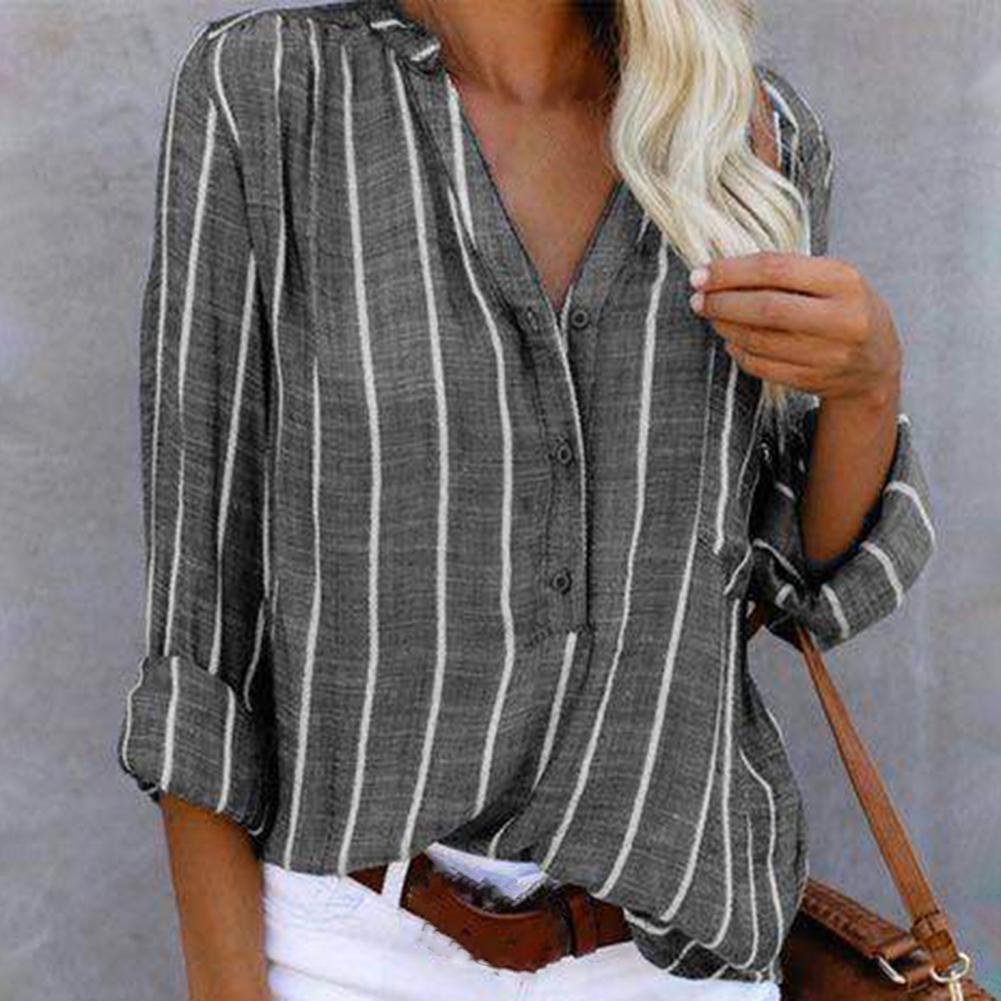 Women’s V-Neck Button-Up Striped Blouse