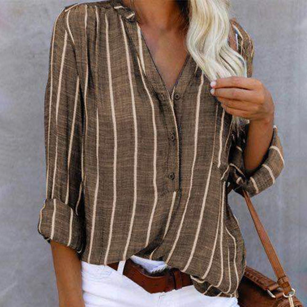 Women’s V-Neck Button-Up Striped Blouse