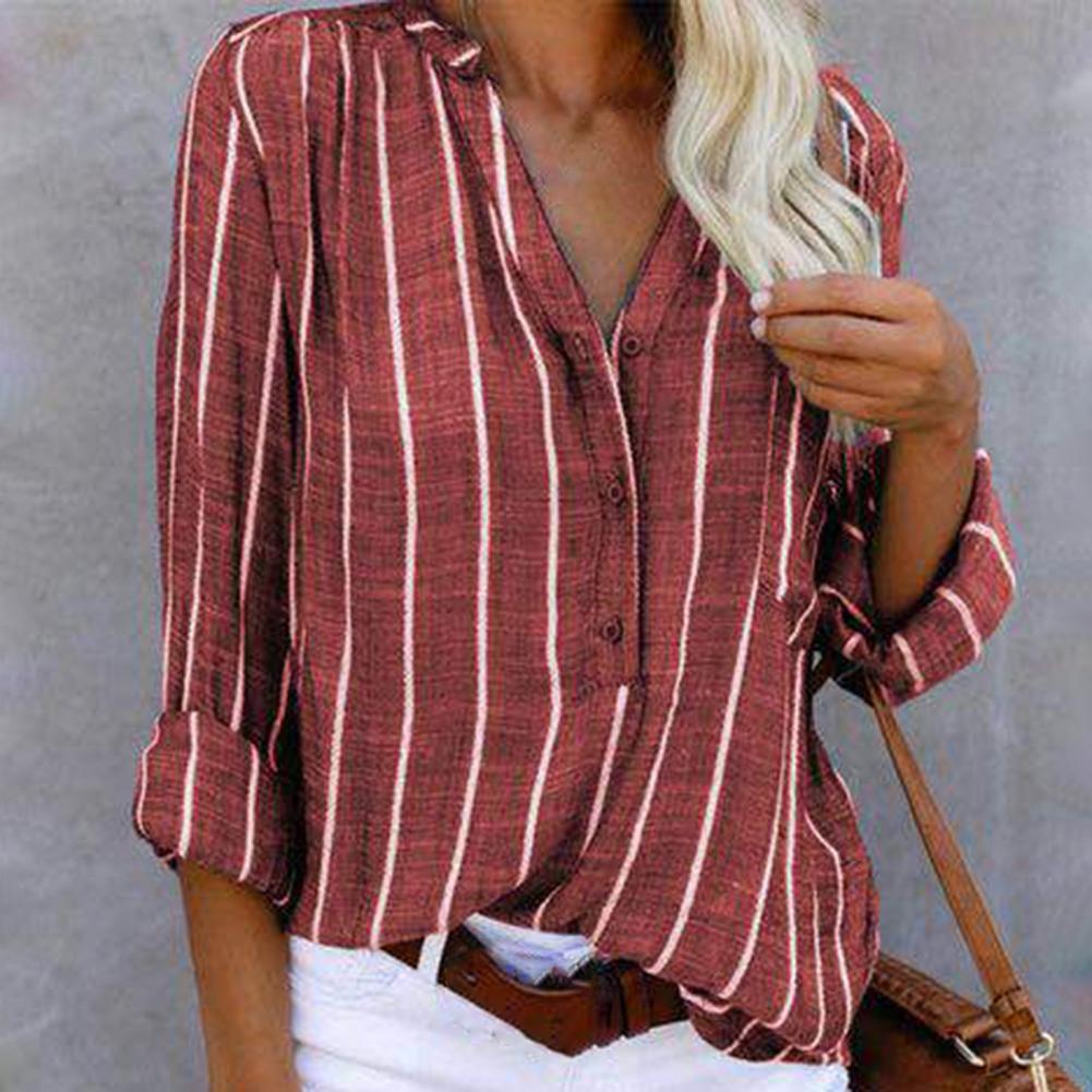 Women’s V-Neck Button-Up Striped Blouse