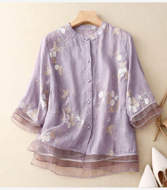 Women's Button-Up Blouse with Embroidered Details