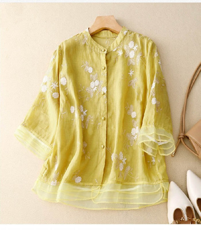 Women's Button-Up Blouse with Embroidered Details