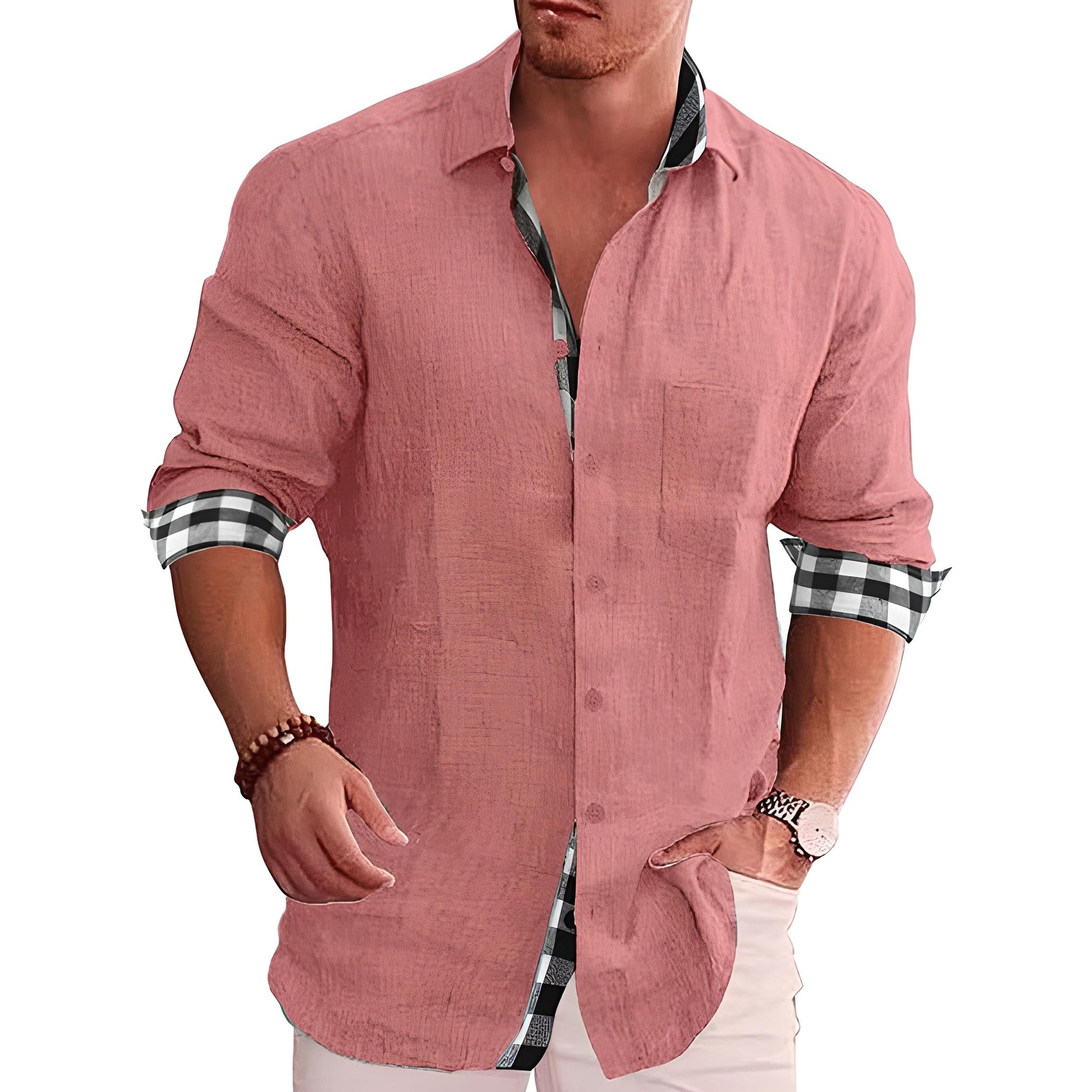 Men’s Casual Button-Up Shirt with Roll-Up Sleeves